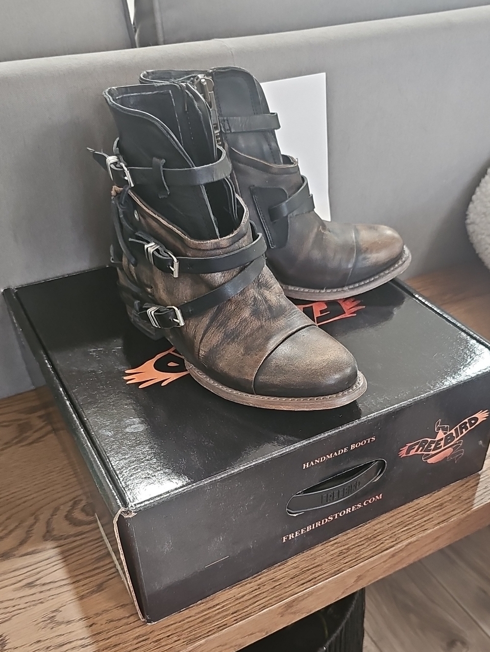 freebird Distressed Brown Leather Buckle Ankle Boots